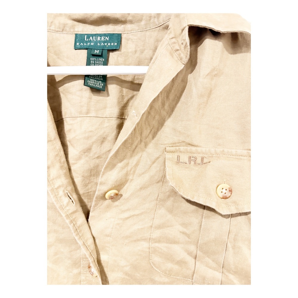 Lauren Ralph Lauren Tan Linen Safari Shirt Roll Tab Sleeve Utility Top Khaki M - Picture 4 of 4
